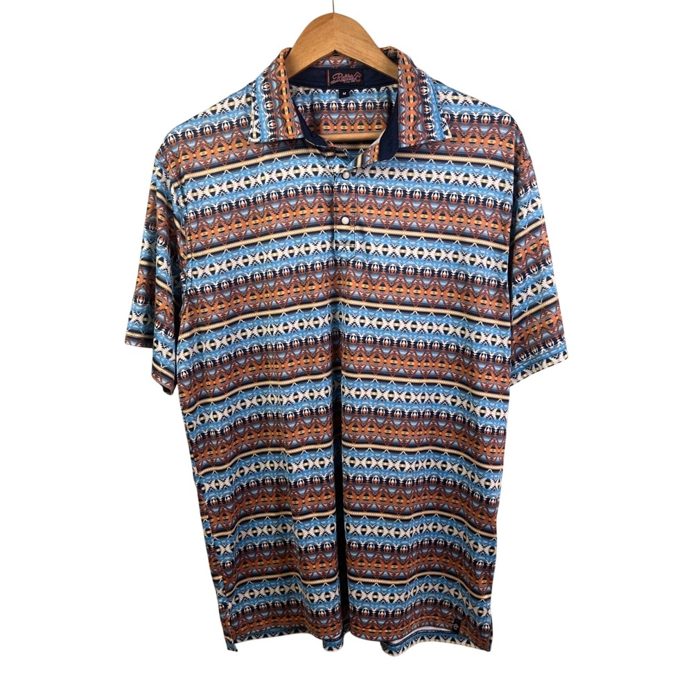 Rafter C Polo Shirt Blue Brown Aztec Golf Performance Pearl Snap Western Medium